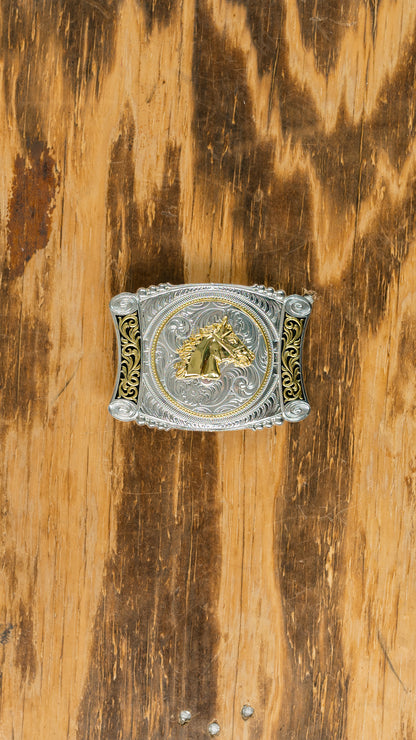 Silver and Gold Horse Head belt buckle