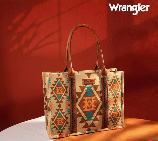WG2203-8119CF Wrangler Coffee Allover Aztec Dual Sided Print Canvas Wide Tote