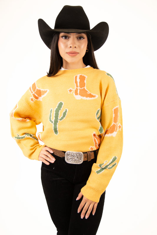 Aubrey Cactus Boots And Cactus Patched Pullover Sweater