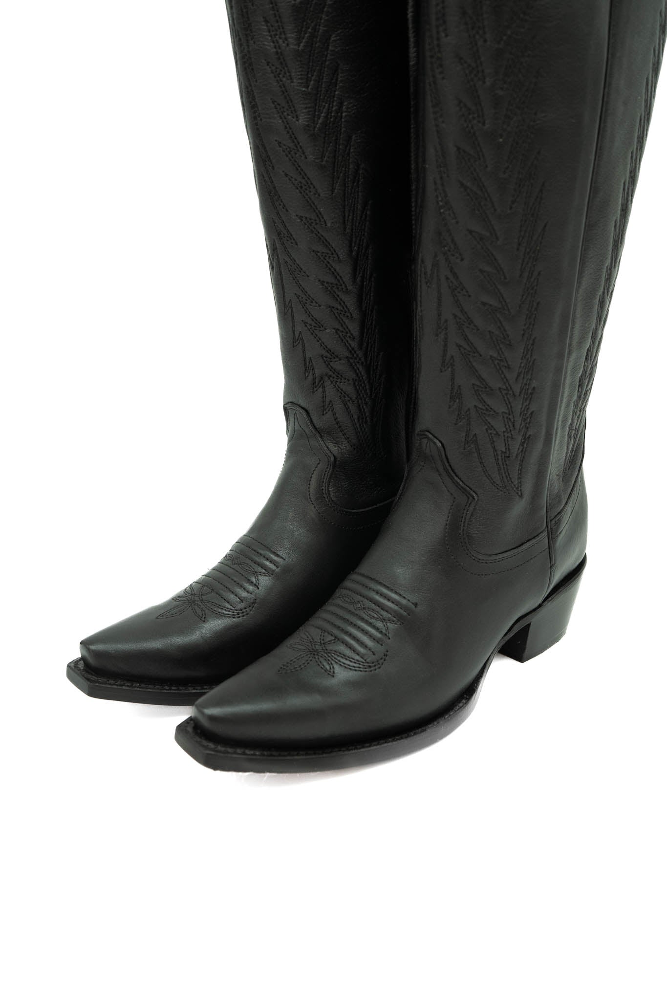 Woman Cowboy Boots in Black Calfskin with Red Embroidery, SANTA FE