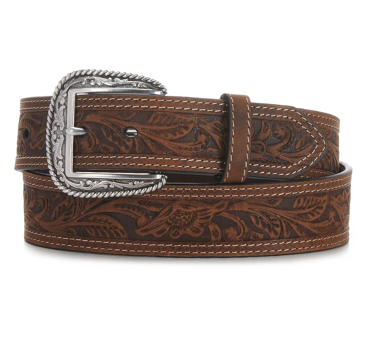 Brown Tooled Double Stitched Men's Western Belt