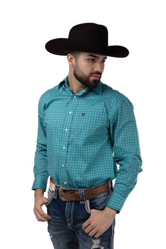 Turquoise Circle Pan Handle Longsleeve Button Up Shirt