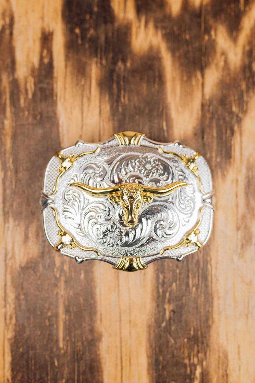 Silver Cincelado Gold Bull Belt Buckle