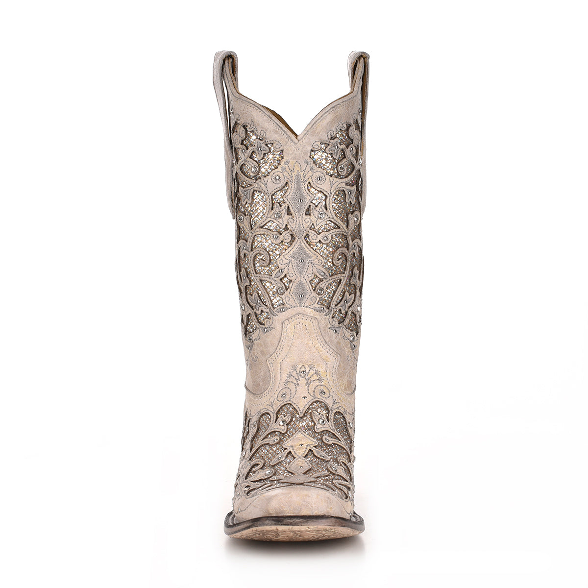 LD White Glitter Inlay & Crystals Sq Toe Boot