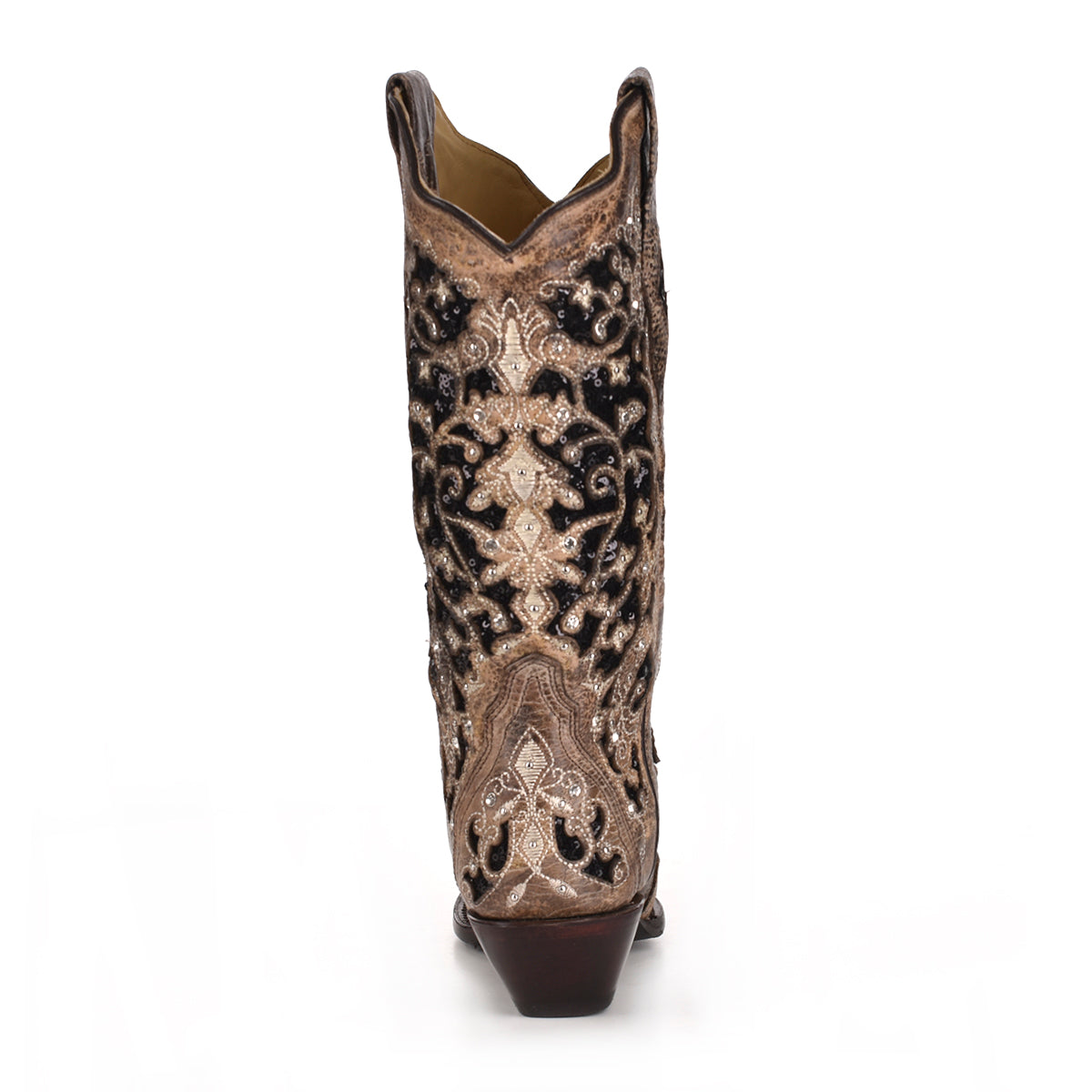 LD Brown Inlay & Flowered Embroidery & Studs & Crystals Boot