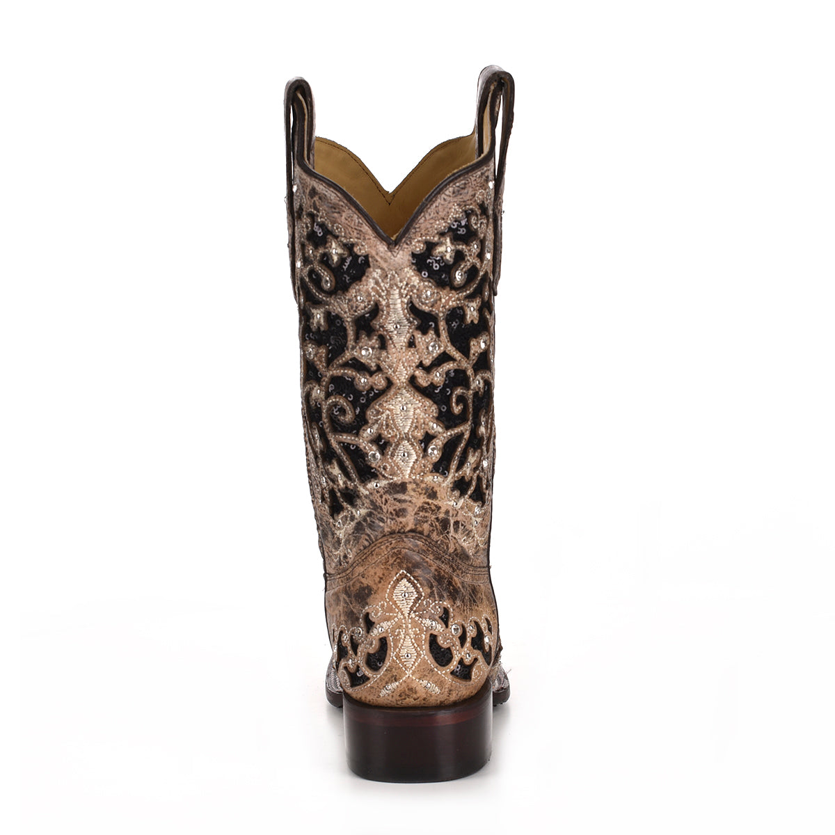 LD Brown Inlay & Flowered Embroidery & Studs & Crystal Sq Toe Boot