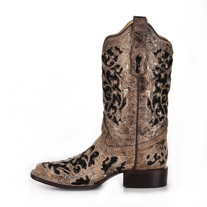 LD Brown Inlay & Flowered Embroidery & Studs & Crystal Sq Toe Boot