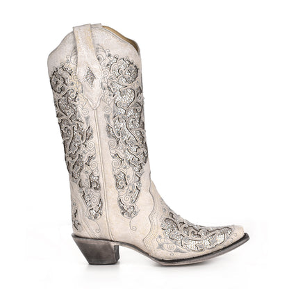 LD White Glitter Inlay & Crystals Boot