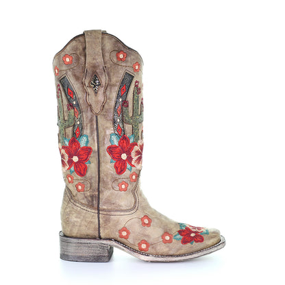 LD Taupe Cactus Overlay & Flowered Embroidery Sq. Toe Boot